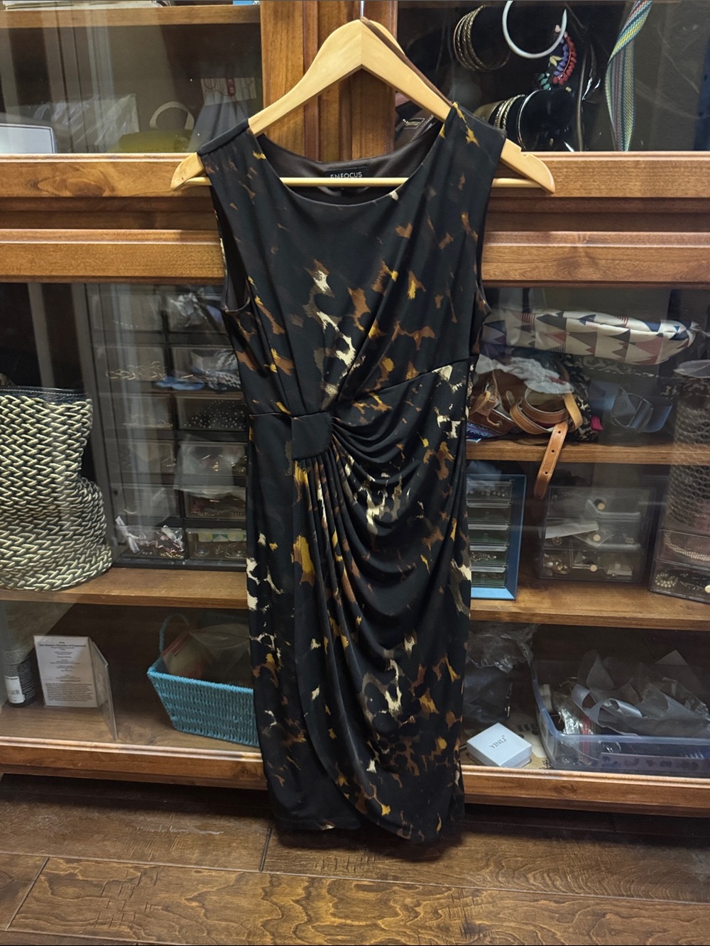 Enfocus Studio Brown Midi Dress with tab and Brown Abstract Motif